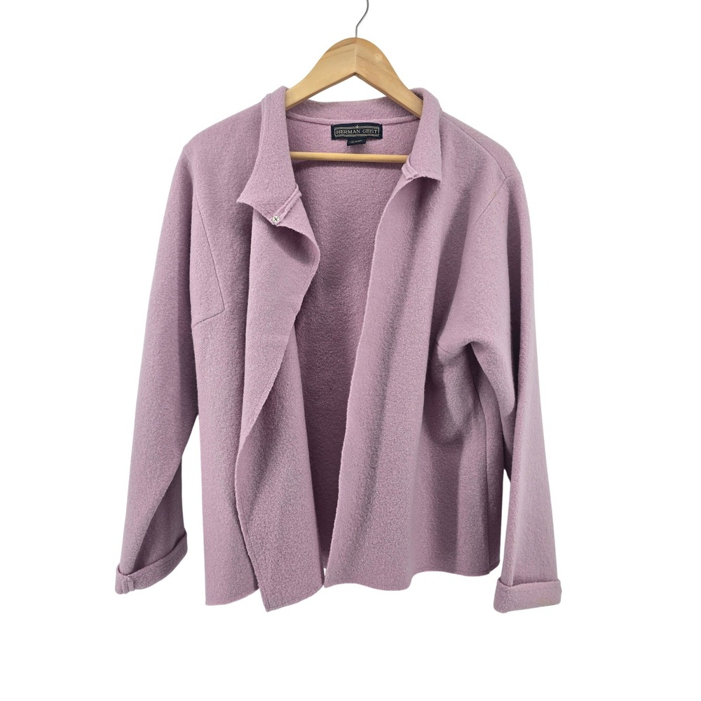 Herman Geist Wool Cardigan Women L Purple Boiled Wool Open Front Jacket Vintage
